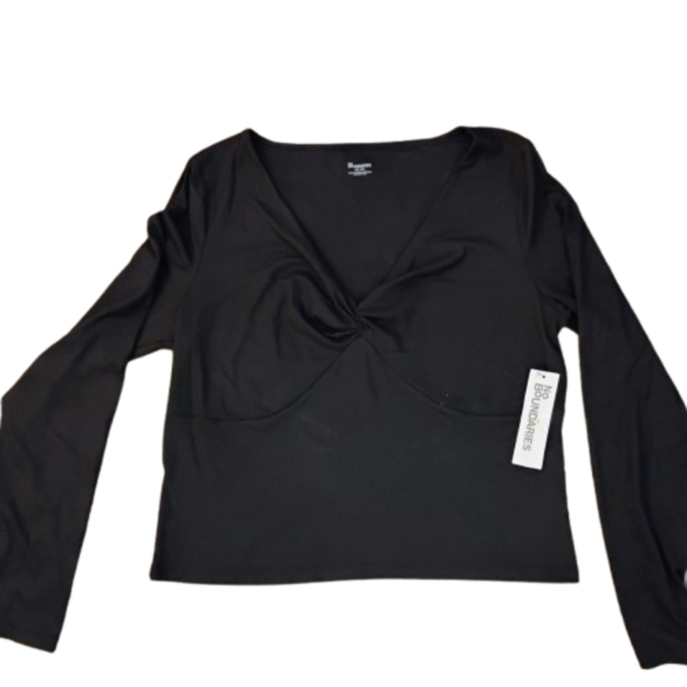 NWT No Boundaries Twist Front Top XXL (20) Y2K Soft Glam Stretch Black V-Neck